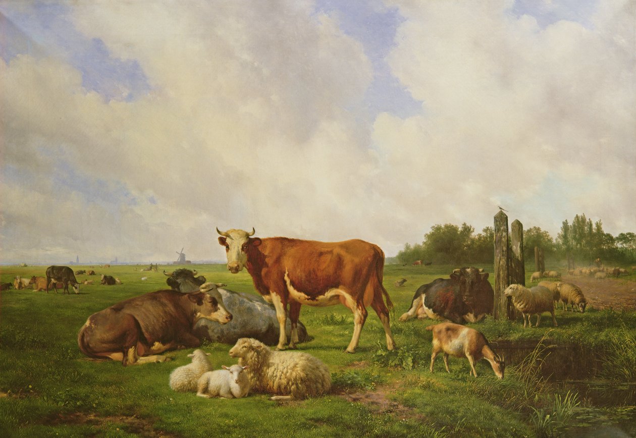 Får och nötkreatur på ett fält av Hendrick van de Sande Bakhuyzen