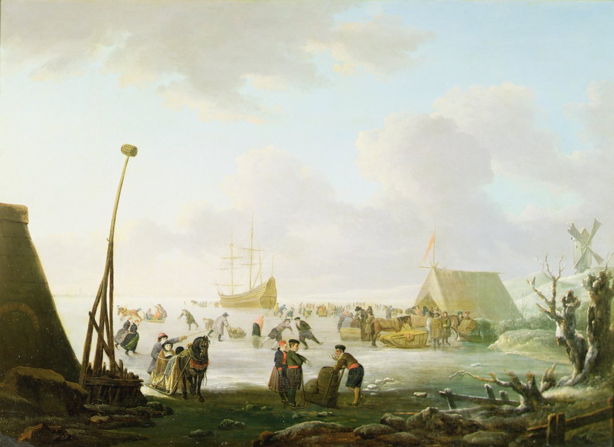 Ett vidsträckt landskap med slädar och skridskoåkare med ett skepp låst i isen (olja på panel) av Hendrick (manner of) Avercamp