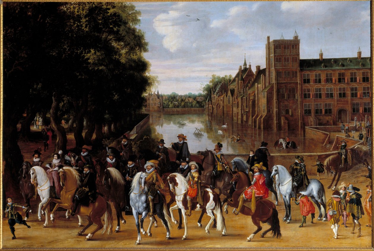 Familjen av prinsar av Orange Representation av Maurice de Nassau, Prince of Orange, på den grå hästen, Frederic Henri d