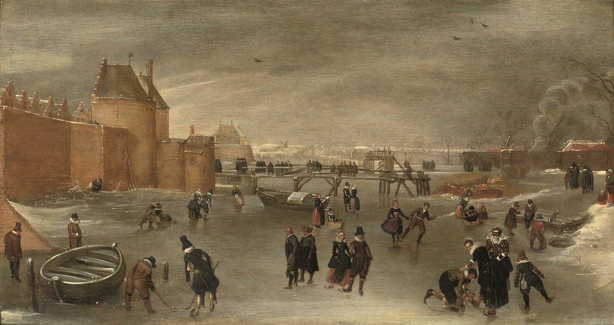 Skridskoåkare, kolfspelare och slädar på en frusen flod nära St. Janspoort stadsport, med Kruispoort i bakgrunden och den rosa kvarnen bortom, Haarlem (olja på panel) av Hendrick Avercamp (studio of)