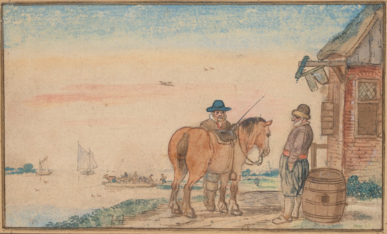 En ryttare som talar med en man vid ett värdshus av Hendrick Avercamp