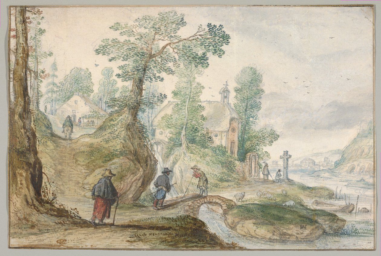 Ett skogsbeklätt flodlandskap med en kyrka och människor av Hendrick Avercamp