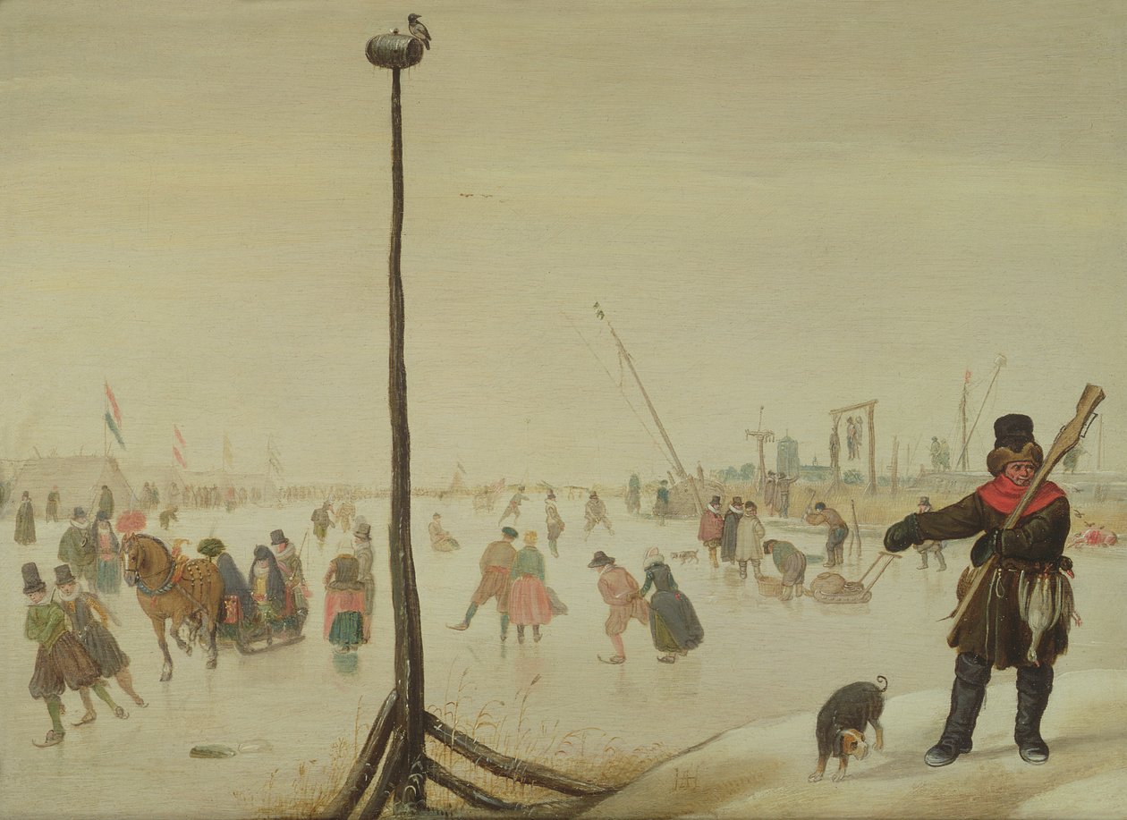 En ankjägare och hans hund i ett vinterlandskap (panel) av Hendrick Avercamp