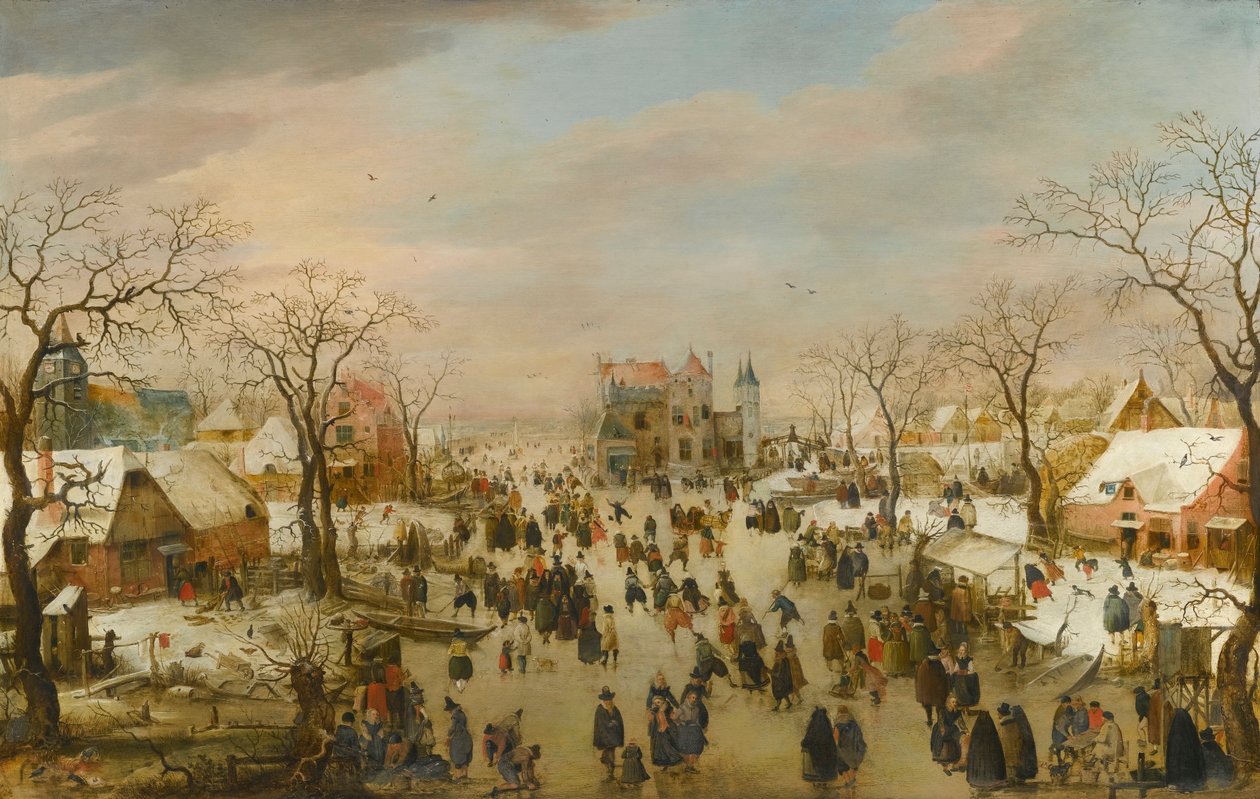 Ett vinterlandskap med panoramautsikt och en mängd figurer på en frusen flod av Hendrick Avercamp