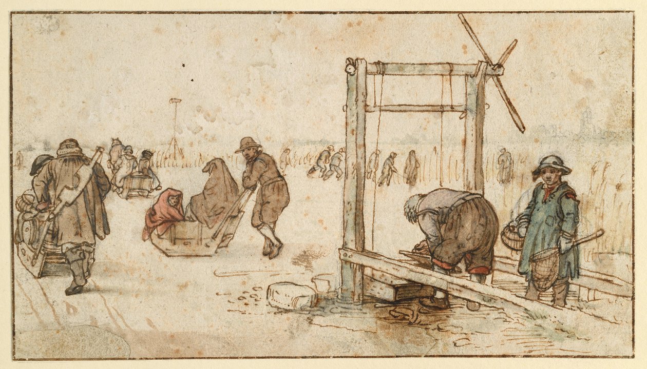 Tre slädar på isen av Hendrick Avercamp
