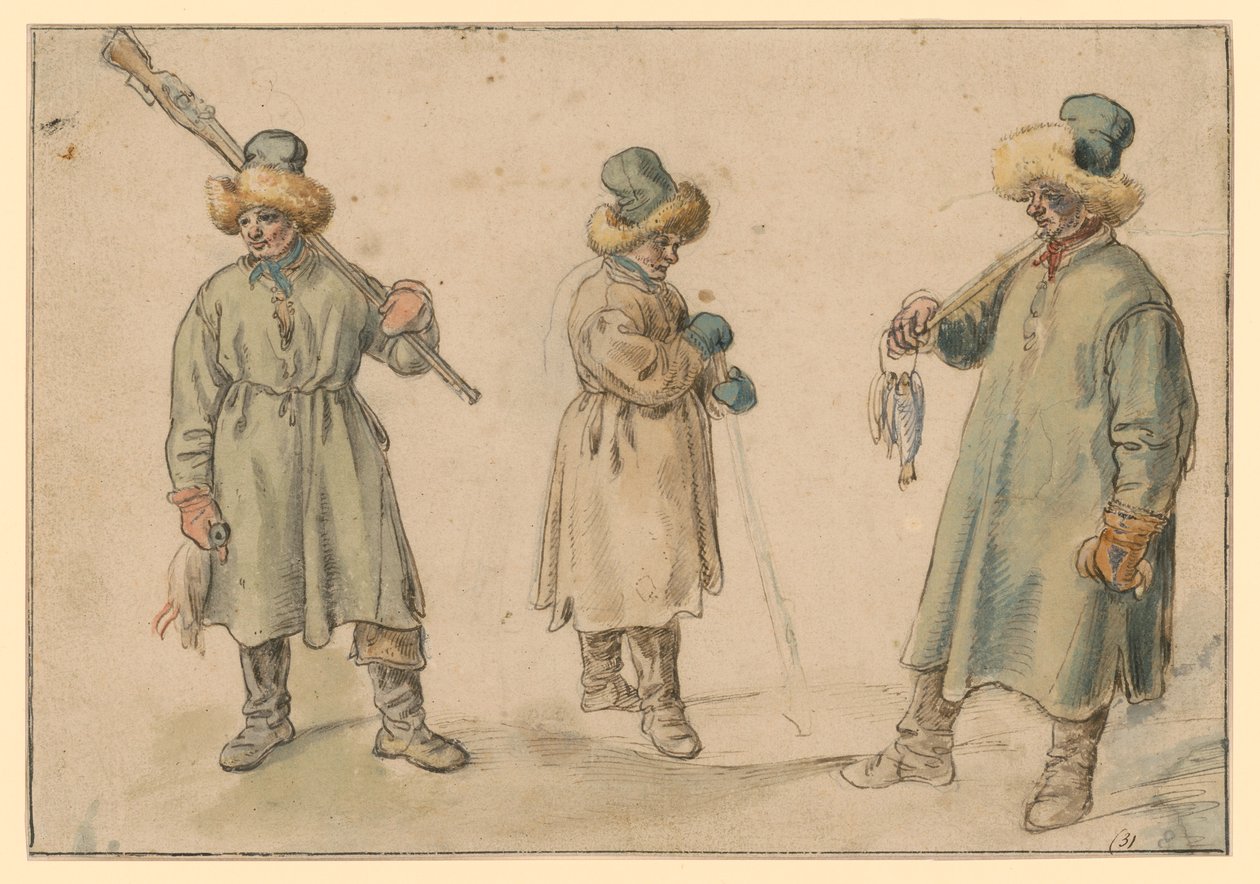 Tre studier av en bonde i vinterkläder av Hendrick Avercamp