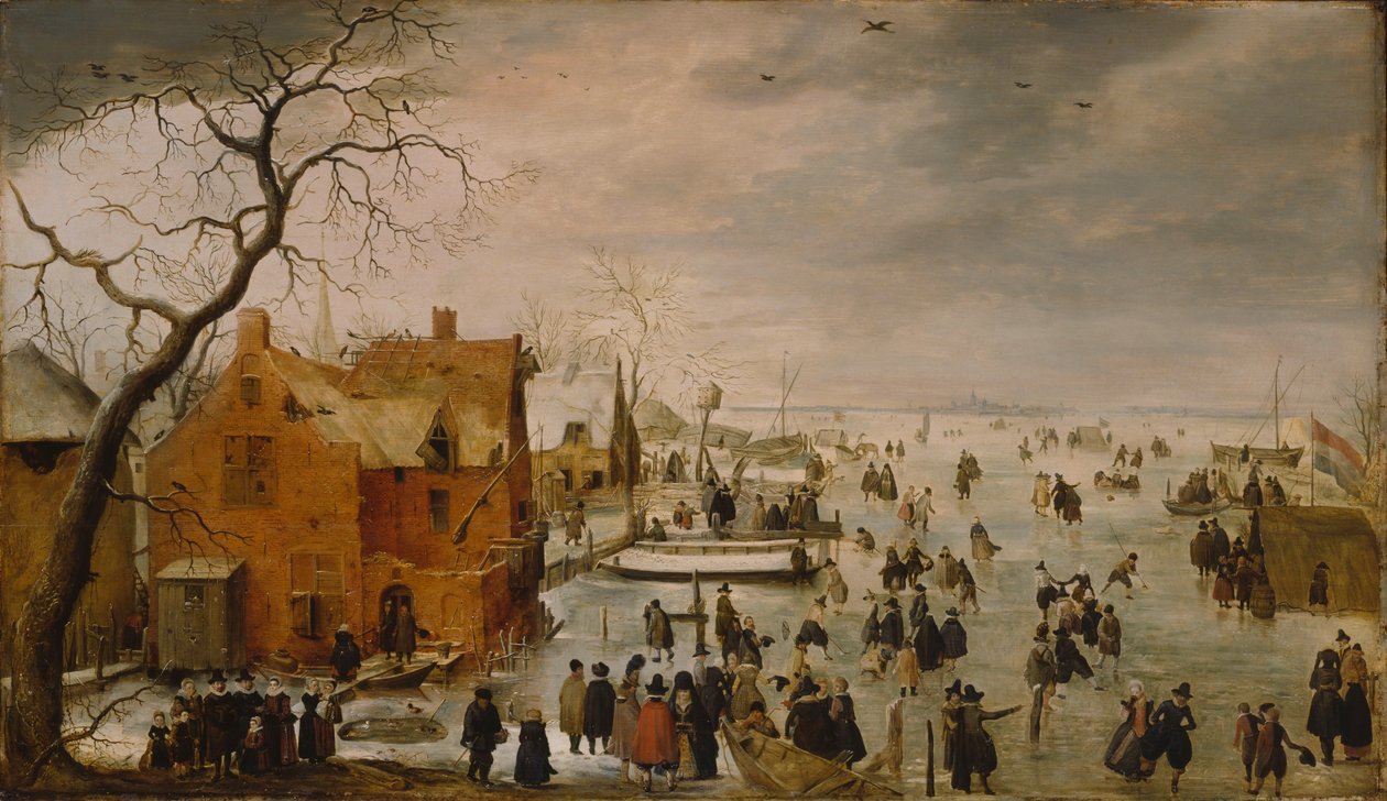 Nederländska: IJslandschap / Skridskoåkning Vinterlandskap med många skridskoåkare av Hendrick Avercamp