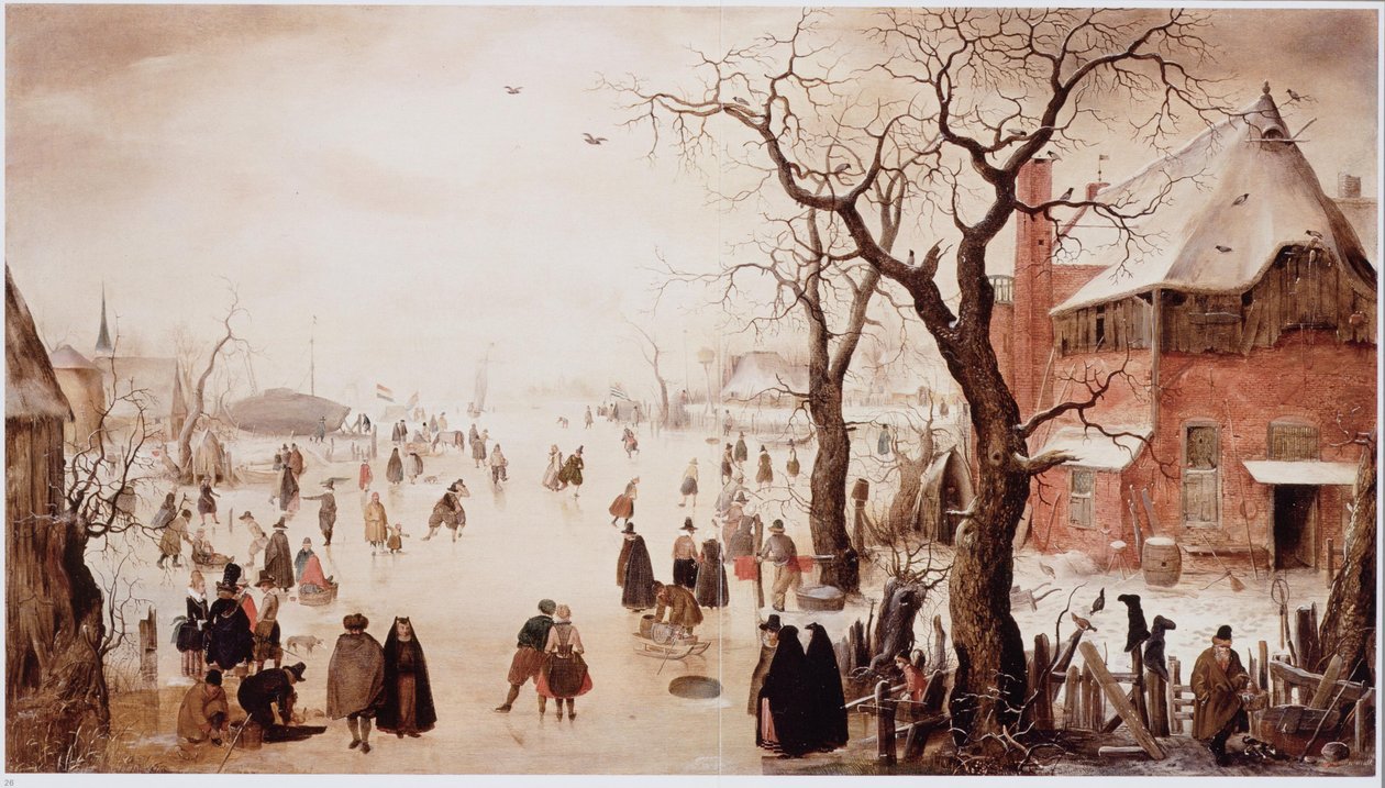 Holländska: Vinterlandskap med skridskoåkare nära en by Vinterlandskap med skridskoåkare nära en by av Hendrick Avercamp