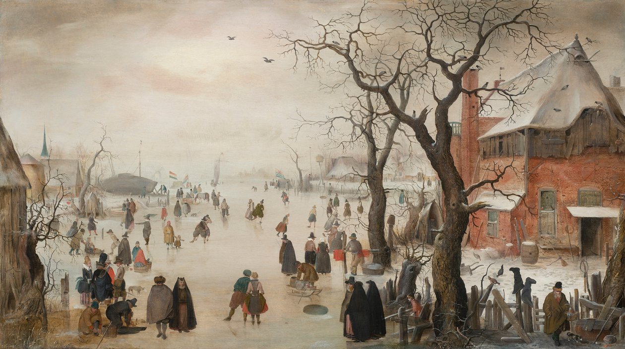 Holländska: Vinterlandskap med skridskoåkare nära en by Vinterlandskap med skridskoåkare nära en by av Hendrick Avercamp