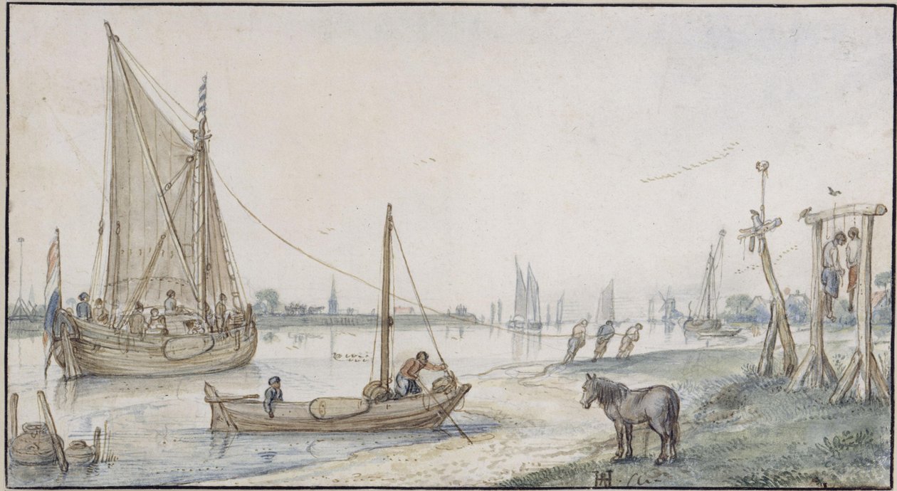 Flodlandskap med ett segelfartyg som dras längs stranden; längst fram till höger en galge med två hängda av Hendrick Avercamp