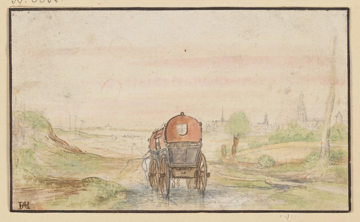 Landsväg med en röd vagn av Hendrick Avercamp