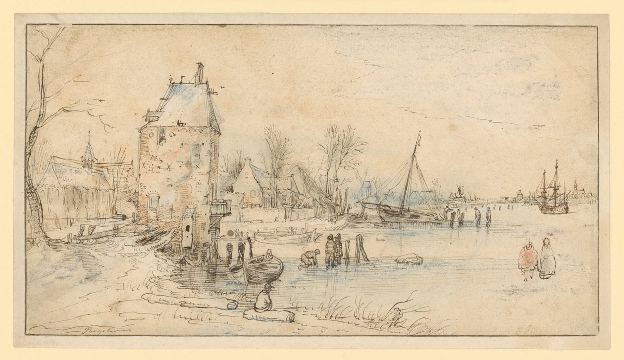 En ort med vakttorn och kyrka vid sjöstranden av Hendrick Avercamp