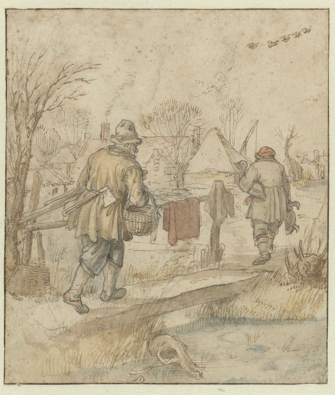 Ankjägarnas återkomst / tergo: Skisser av fartyg och av en man i vinterkläder av Hendrick Avercamp