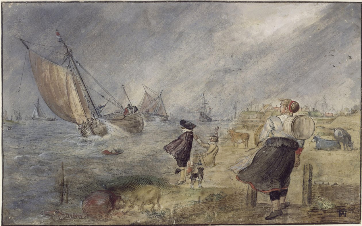 Sjöst rand i storm med figurer av Hendrick Avercamp