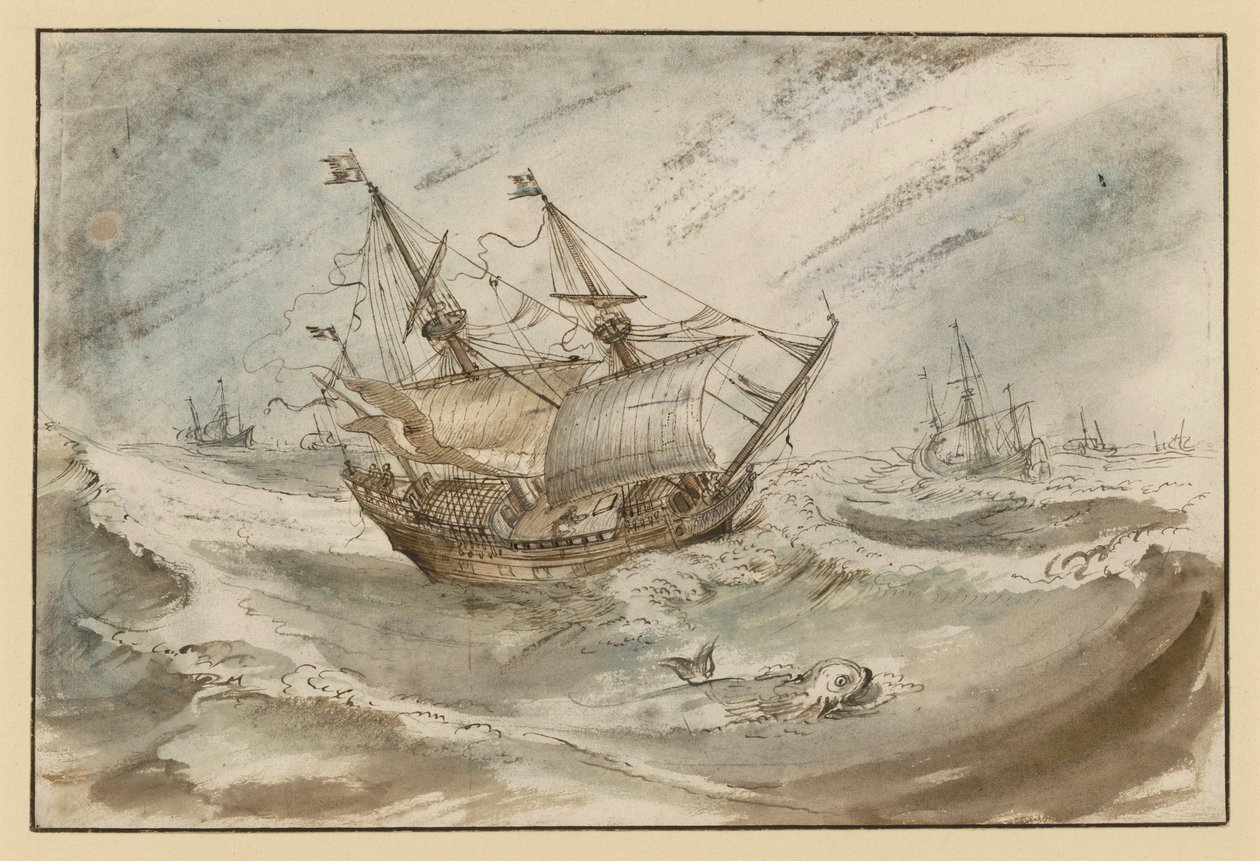 Stormigt hav med stort segelfartyg av Hendrick Avercamp