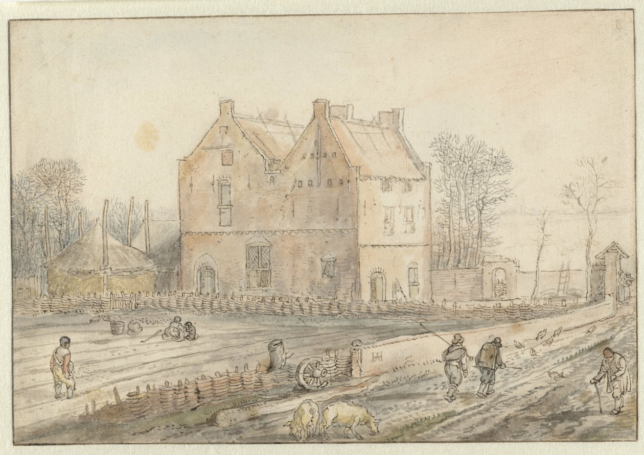 Utsikt över ett hus på landet med såmän på fältet av Hendrick Avercamp