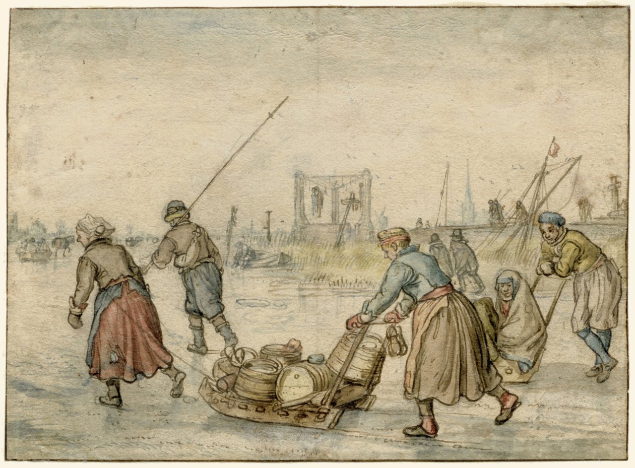 Vinterlandskap med två kvinnor och en släde och andra figurer på isen, en galge i fjärran av Hendrick Avercamp