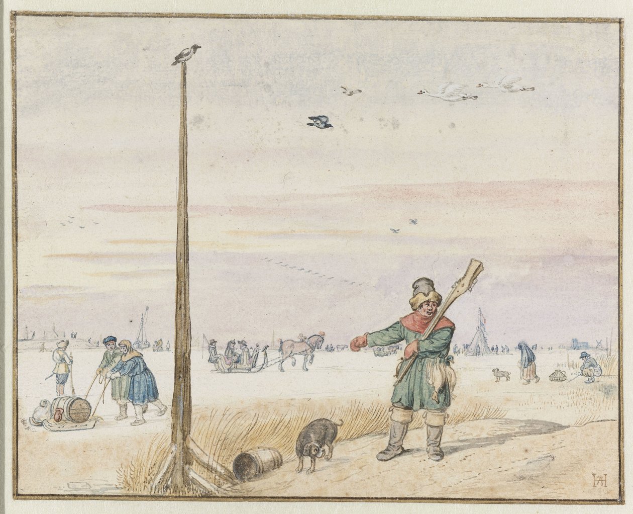 Vinterlandskap med en ankjägare med vilt i bältet och pistolen över axeln på stranden av en frusen flod av Hendrick Avercamp