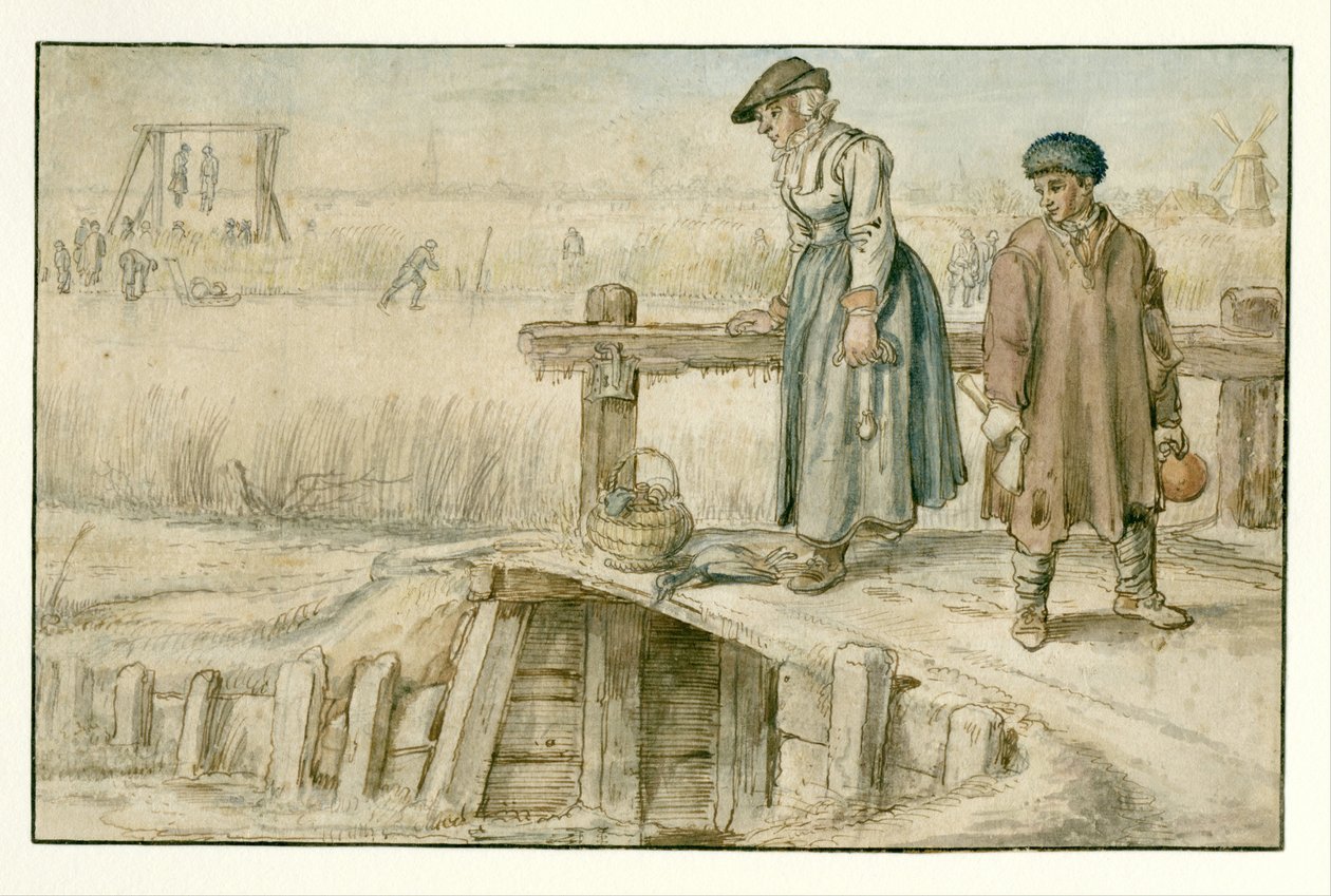 Vinterlandskap med en kvinna och en ungdom på en liten bro, skridskoåkare och en galge i fjärran av Hendrick Avercamp
