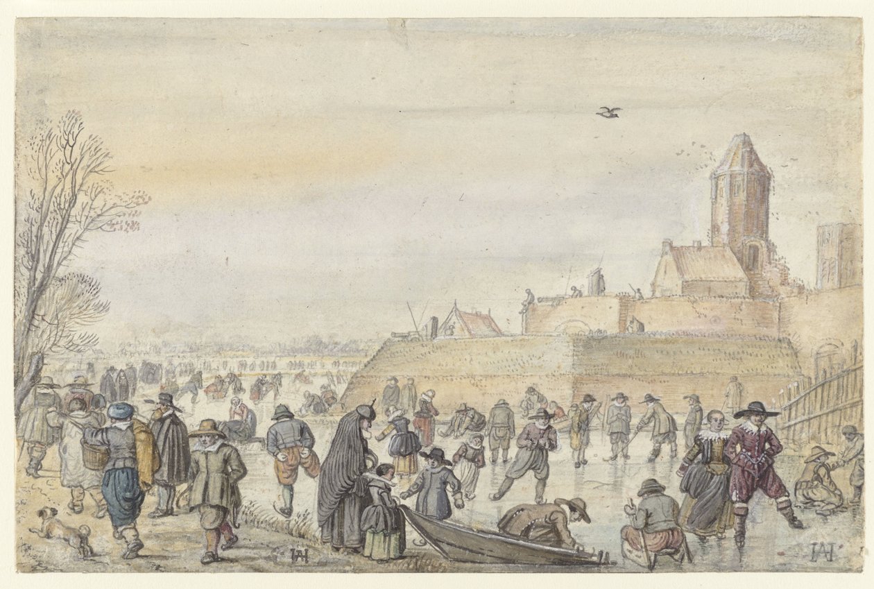 Vinterscen på den frusna kanalen nära Kalverhekkenpoort, Kampen / tergo: Sketches of Figures on the Ice av Hendrick Avercamp