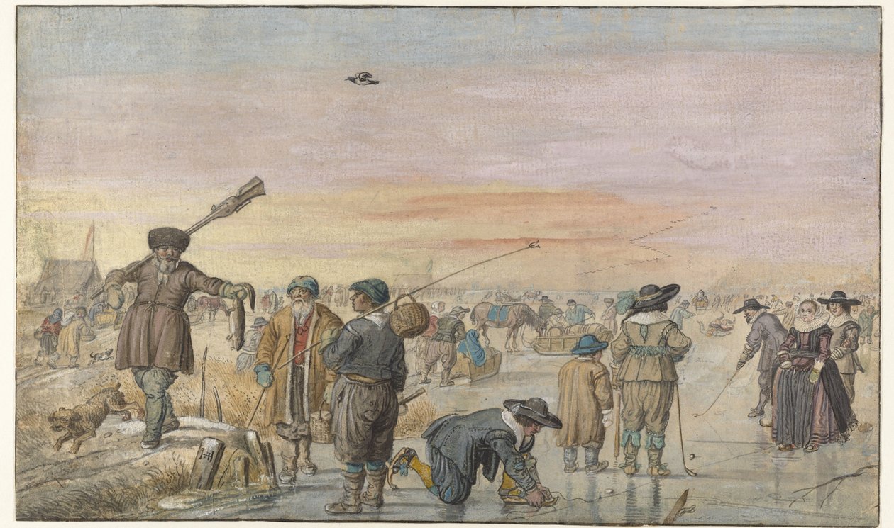 Vinterscen på isen, med en jägare som visar en utter av Hendrick Avercamp