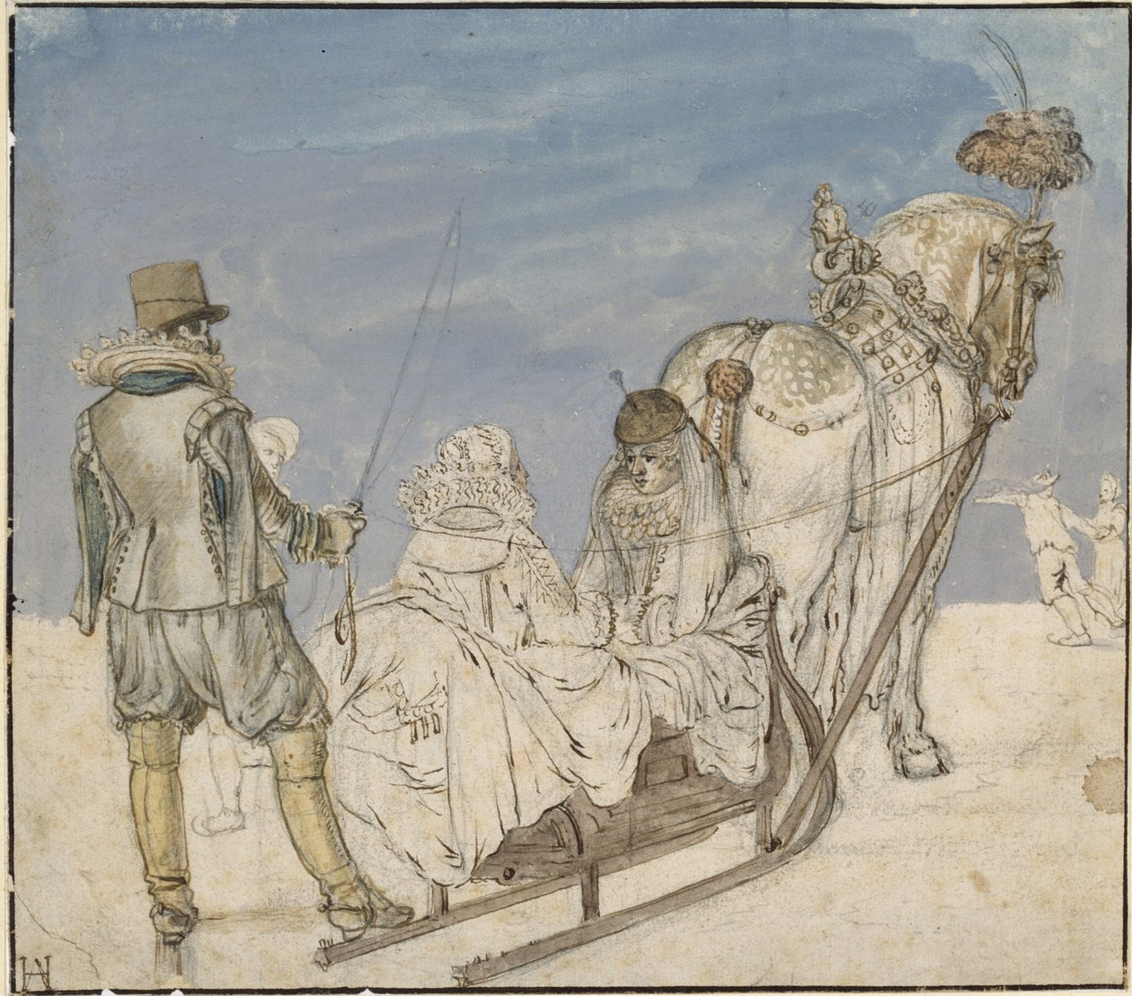 Vinter: slädar på isen med två damer och en herre av Hendrick Avercamp