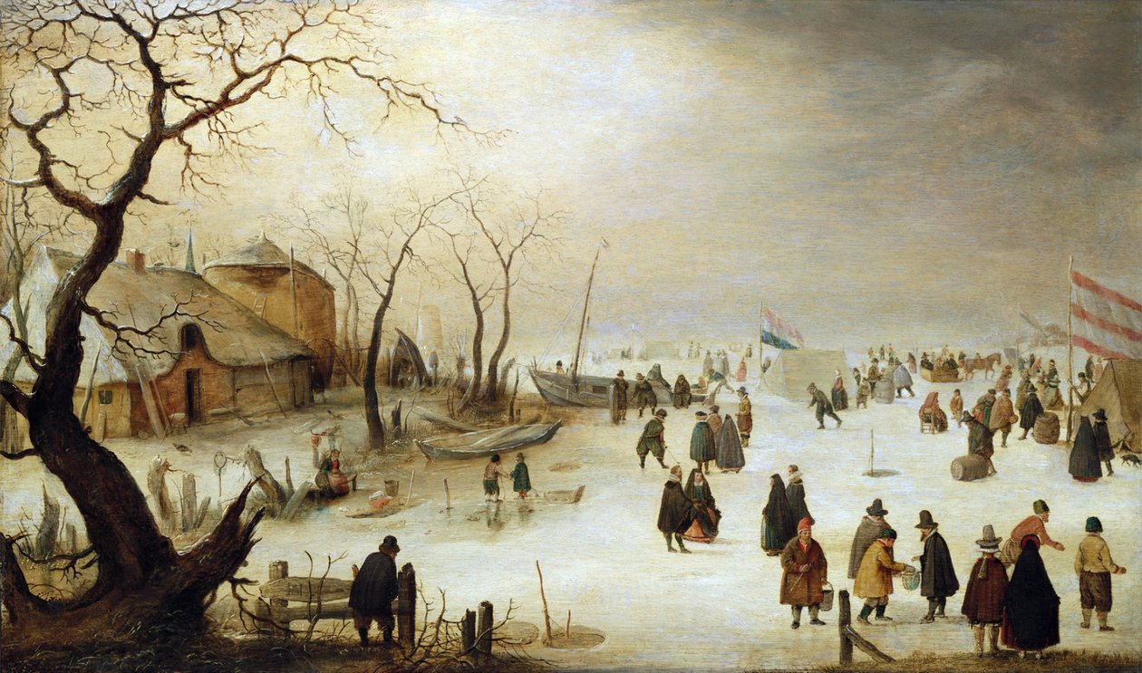 Vinterlandskap med figurer och tält på isen av Hendrick Avercamp