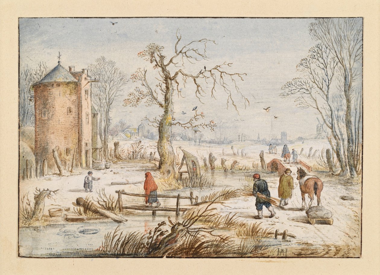 Vinterlandskap med ett runt torn av Hendrick Avercamp