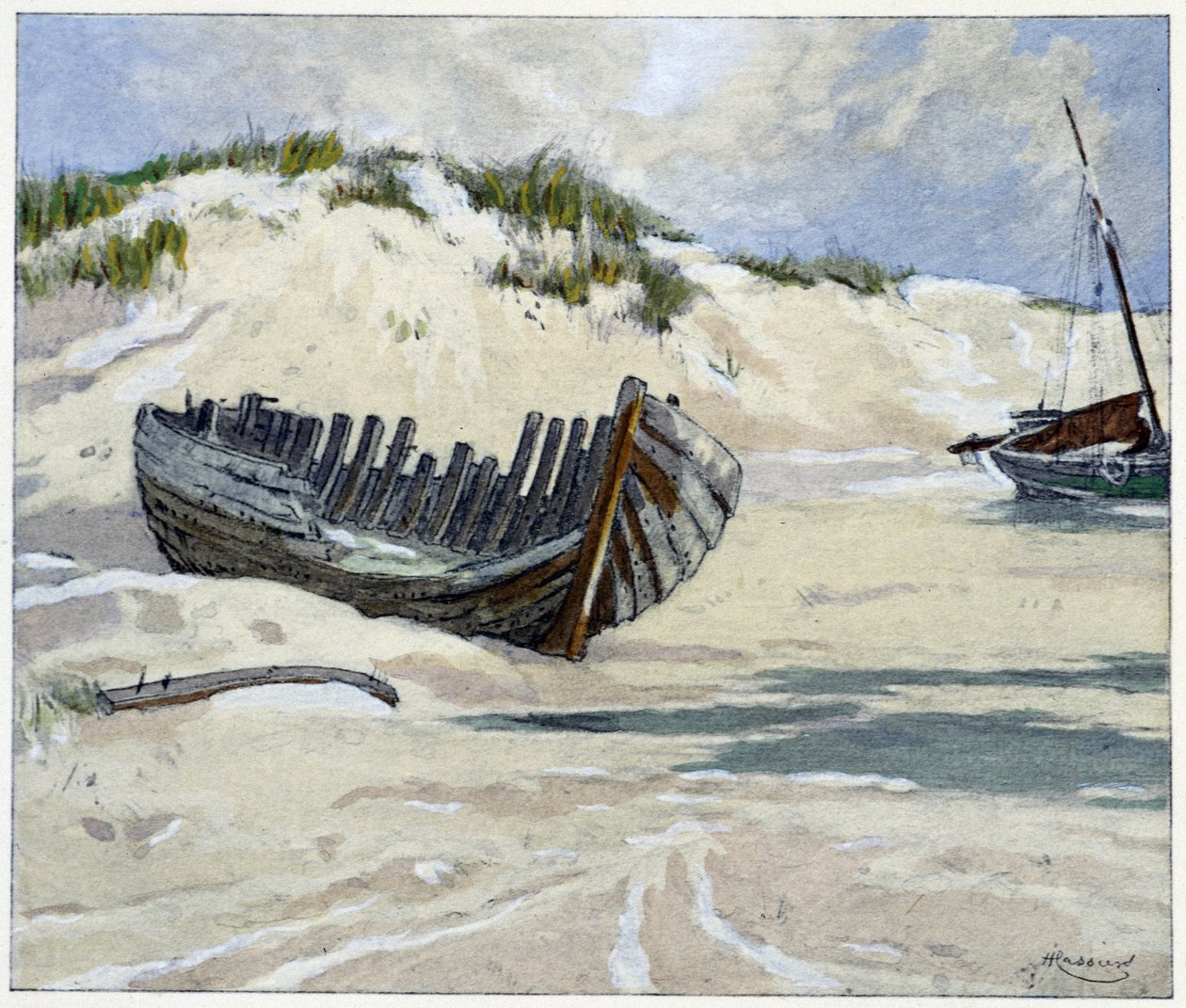 Förmögenhetsskepp på sanddynerna i "Garirlande des dunes", av Emile Verhaeren, illustrerad av H.Cassiers i Art-H.Piazza, Paris 1927. av Hendrick Cassiers