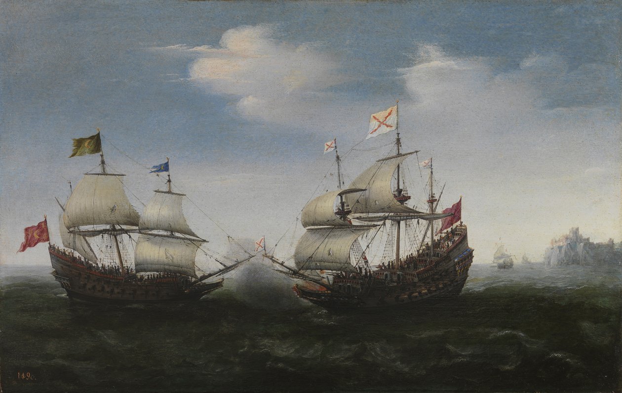 Sjöstrid mot en stenig strand, 1627 av Hendrick Cornelisz. Vroom