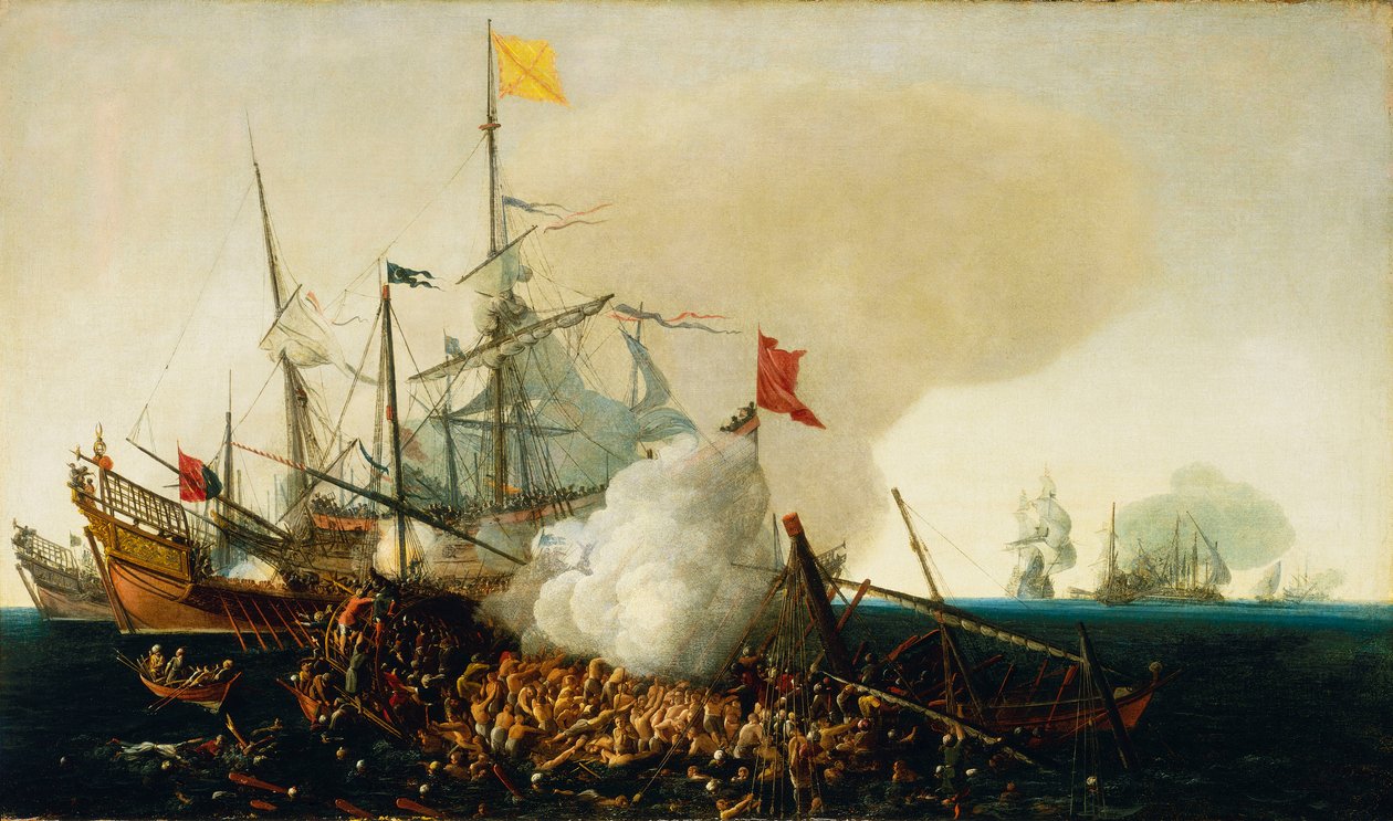 Spanska krigsmän som engagerar barbariska korsfarare av Hendrick Cornelisz Vroom