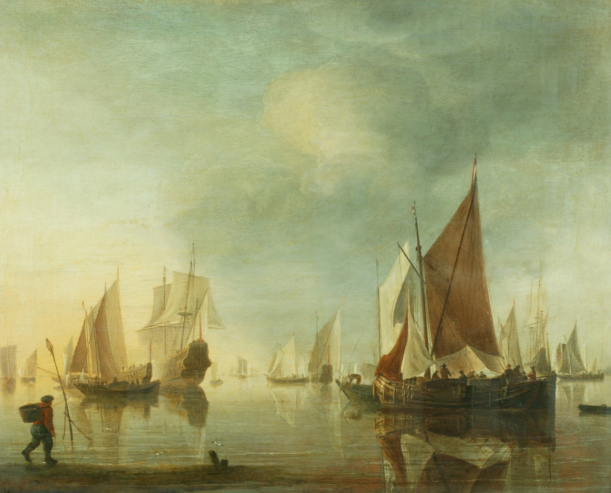 Sjöfart för ankar offshore i ett lugnt hav; kvällsljus, ca 1650-60 (olja på panel) av Hendrick Dubbels