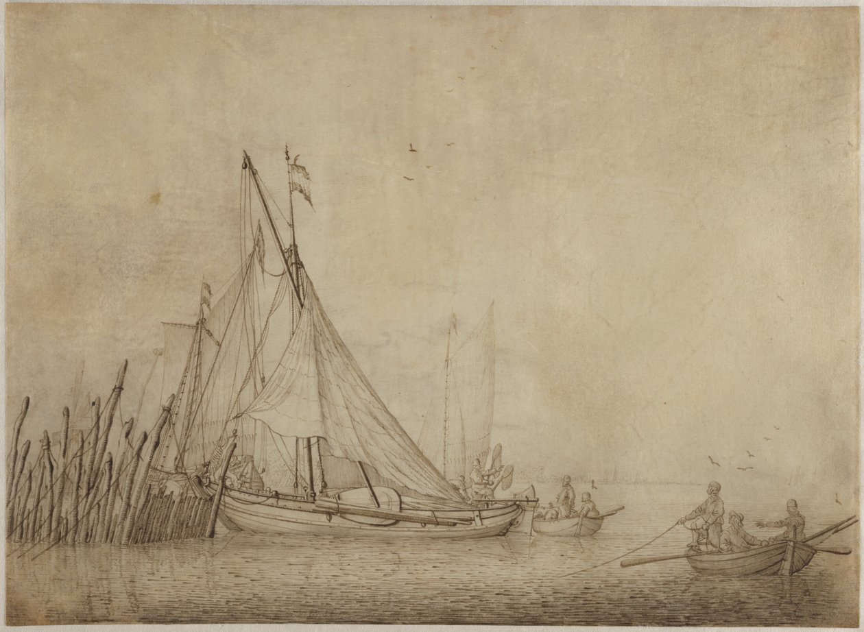 Fartyg vid en fiskdamm med en stad i bakgrunden av Hendrick Dubbels