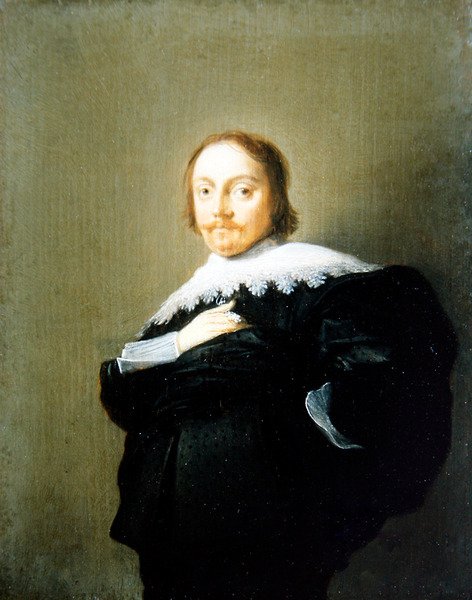 Ett porträtt av en gentleman i svart kostym och spetskrage av Hendrick Gerritsz Pot