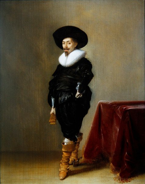 Ett porträtt av en gentleman i en svart kostym med en ruff (olja på panel) av Hendrick Gerritsz Pot
