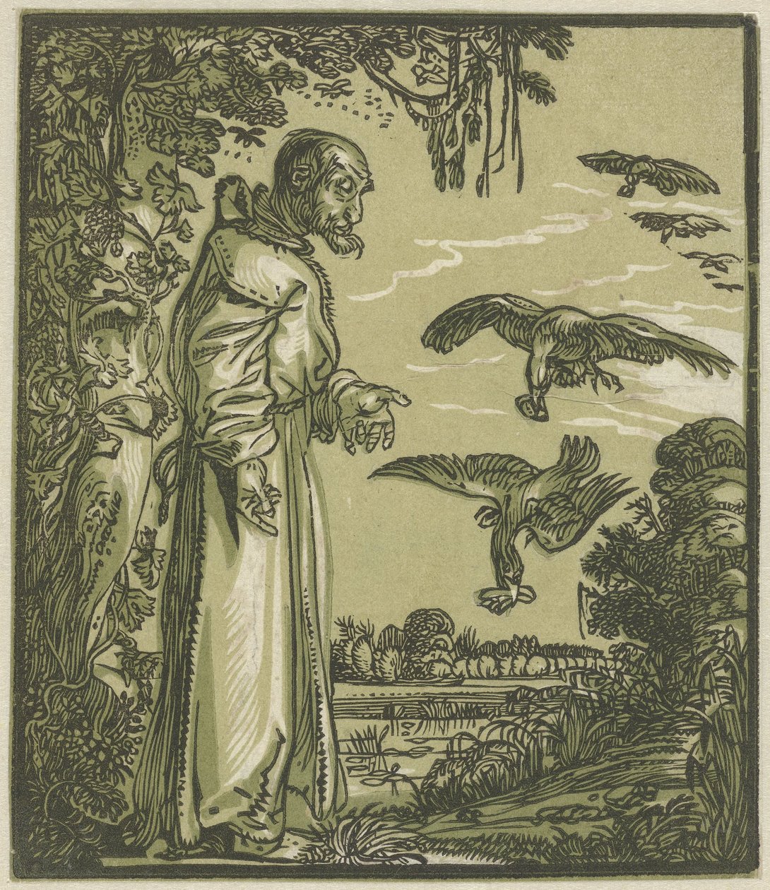Eremiten Paulus (Elijah?) matad av korpar av Hendrick Goltzius (attributed to)