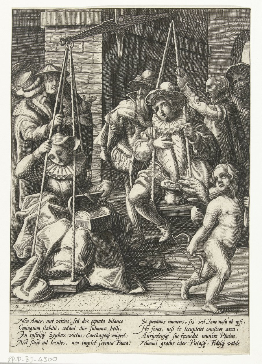 Äktenskapsvågen Pengar är den sanna kärleken Bröllopsskalan Ordspråk efter Karel van Mander (serietitel) av Hendrick Goltzius (attributed to workshop of)