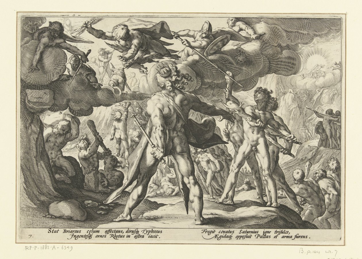 Jättarnas attack mot gudarnas värld Ovidius metamorfoser (serietitel) av Hendrick Goltzius (workshop of)