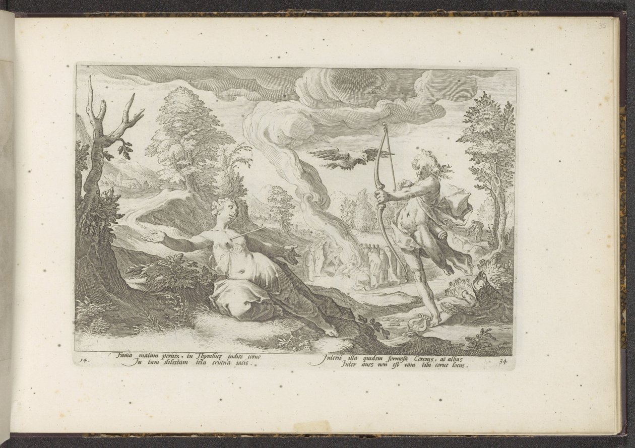 Apollo doodt Coronis Ovidius Metamorfosen (serietitel) Herscheppingen van P. Ovidius Naso (serietitel) av Hendrick Goltzius (workshop of)