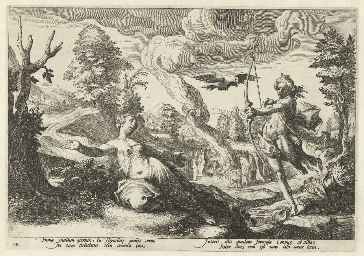 Apollo doodt Coronis Ovidius Metamorfosen (serietitel) av Hendrick Goltzius (workshop of)