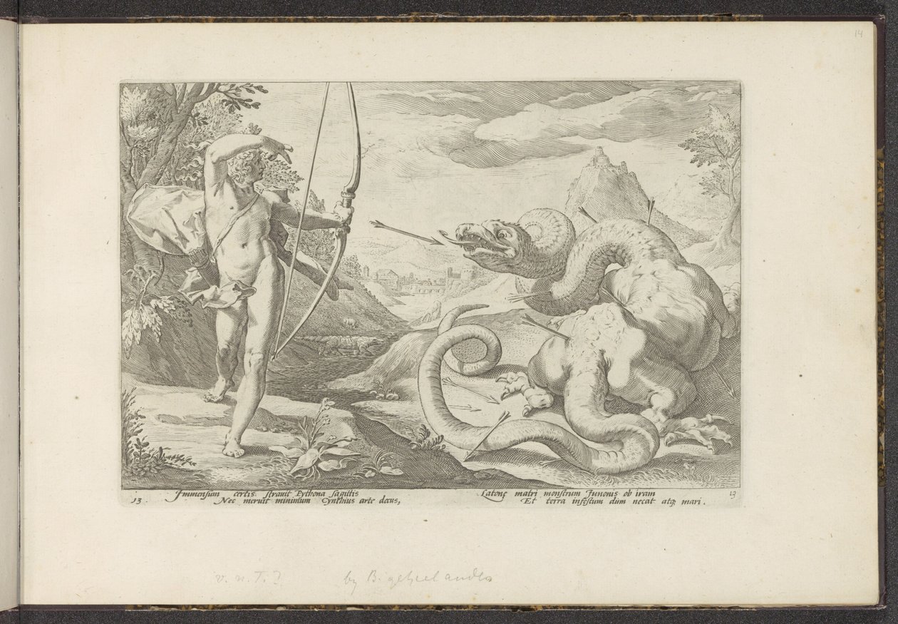 Apollo dödar jätteormen Python Ovidius metamorfoser (serietitel) Återskapanden av P. Ovidius Naso (serietitel) av Hendrick Goltzius (workshop of)