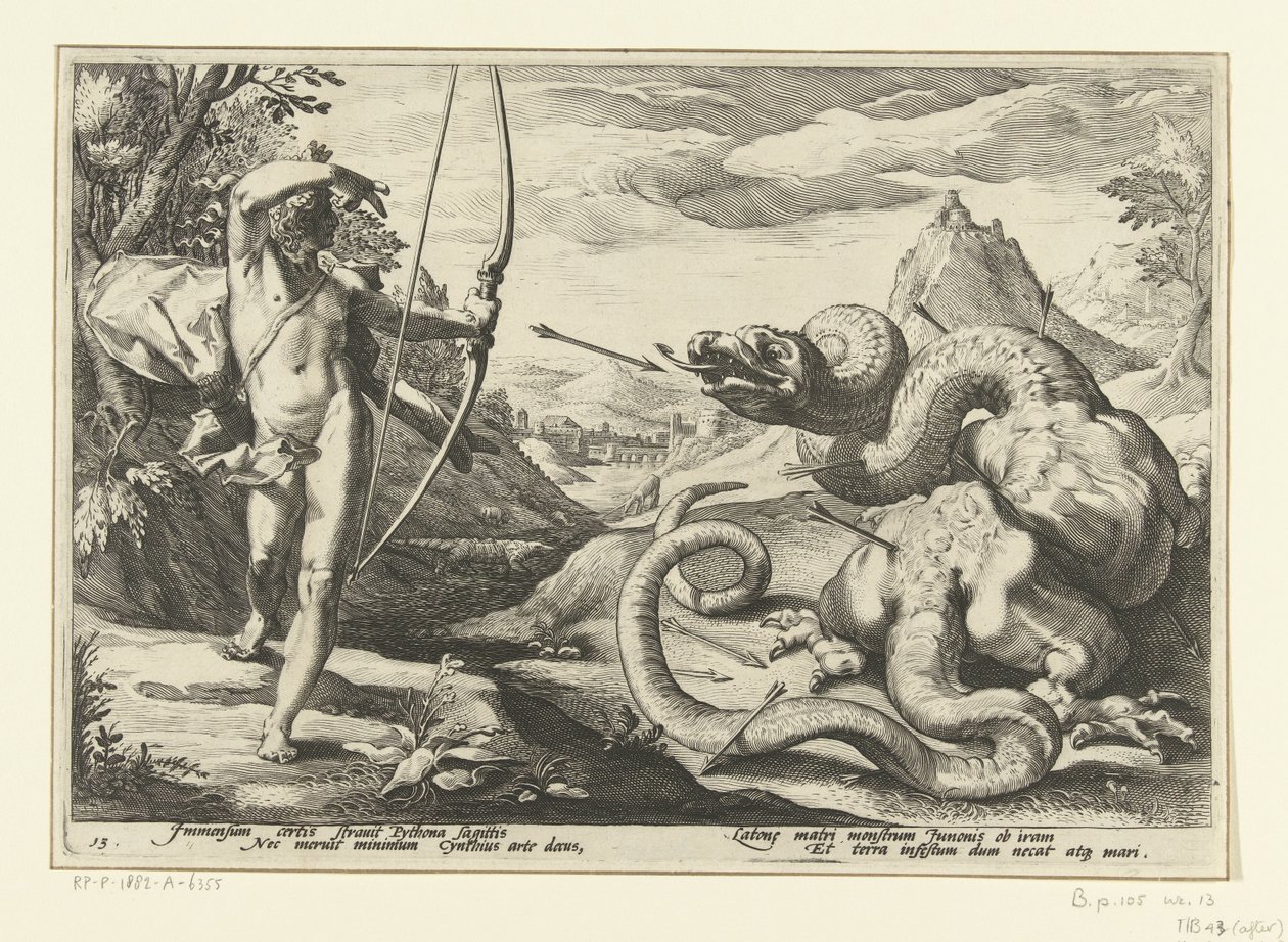 Apollo dödar jätteormen Python Ovidius metamorfoser (serietitel) av Hendrick Goltzius (workshop of)