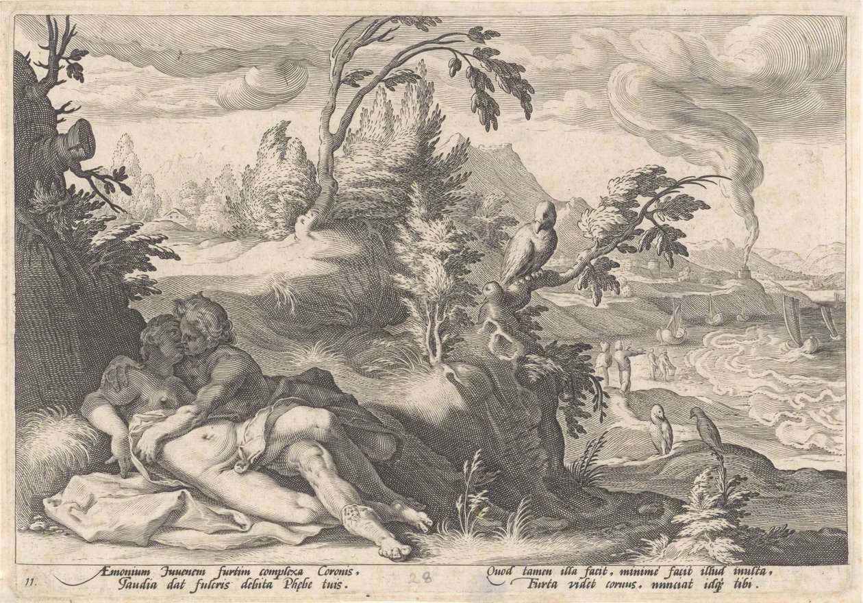 Apollo en Coronis Metamorfosen van Ovidius (serietitel) av Hendrick Goltzius (workshop of)
