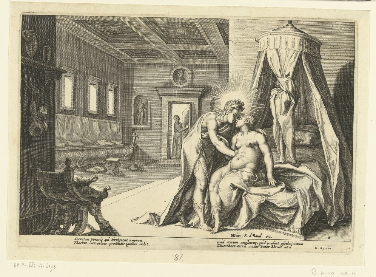 Apollo förför Leucothea Ovidius metamorfoser (serietitel) av Hendrick Goltzius (workshop of)