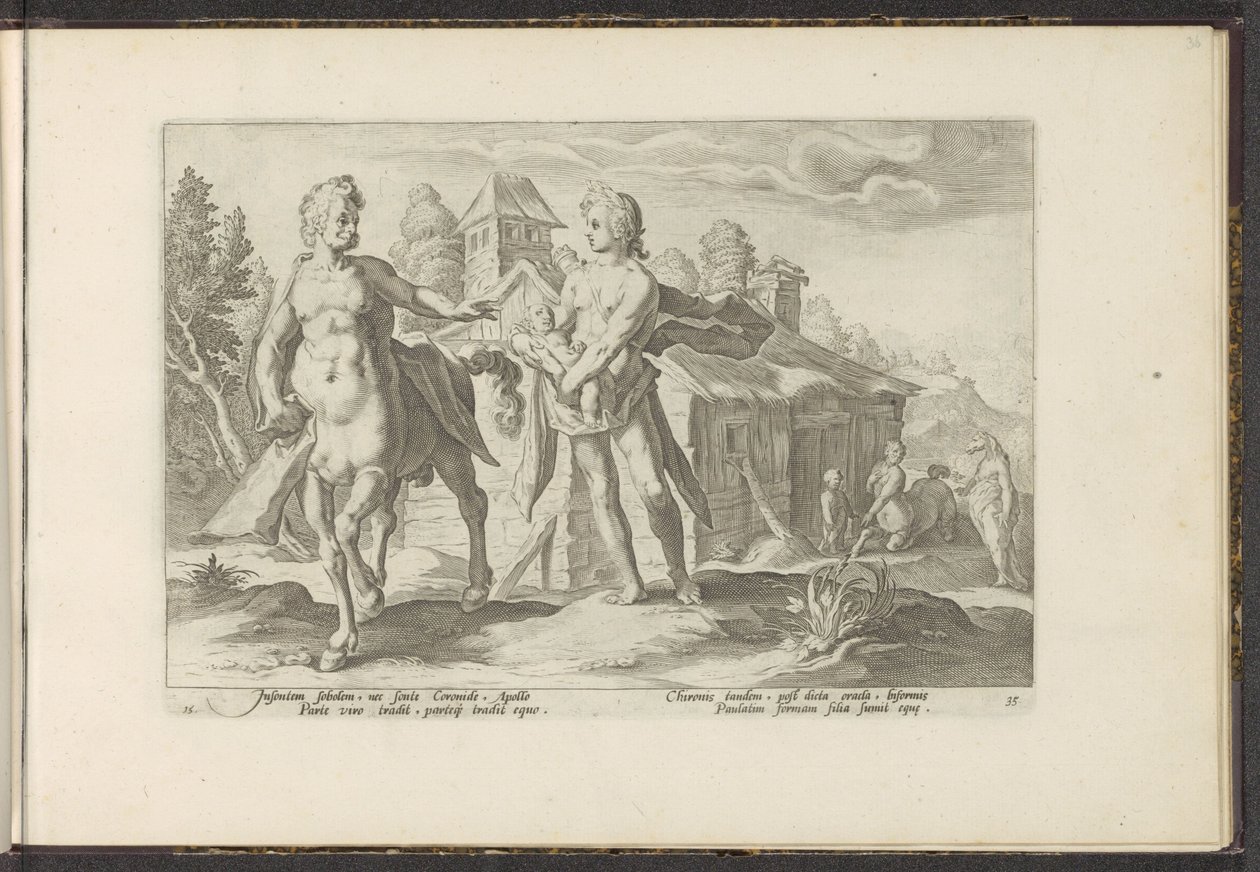 Apollo anförtror Asclepius åt Chiron Ovidius metamorfoser (serietitel) Rekreationer av P. Ovidius Naso (serietitel) av Hendrick Goltzius (workshop of)