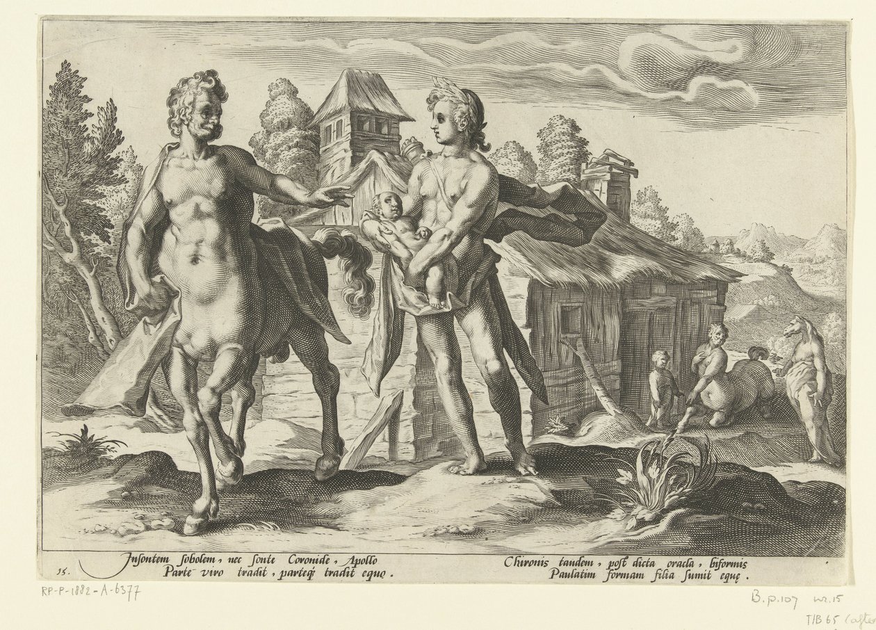 Apollo anförtror Asclepius åt Chiron Ovidius metamorfoser (serietitel) av Hendrick Goltzius (workshop of)