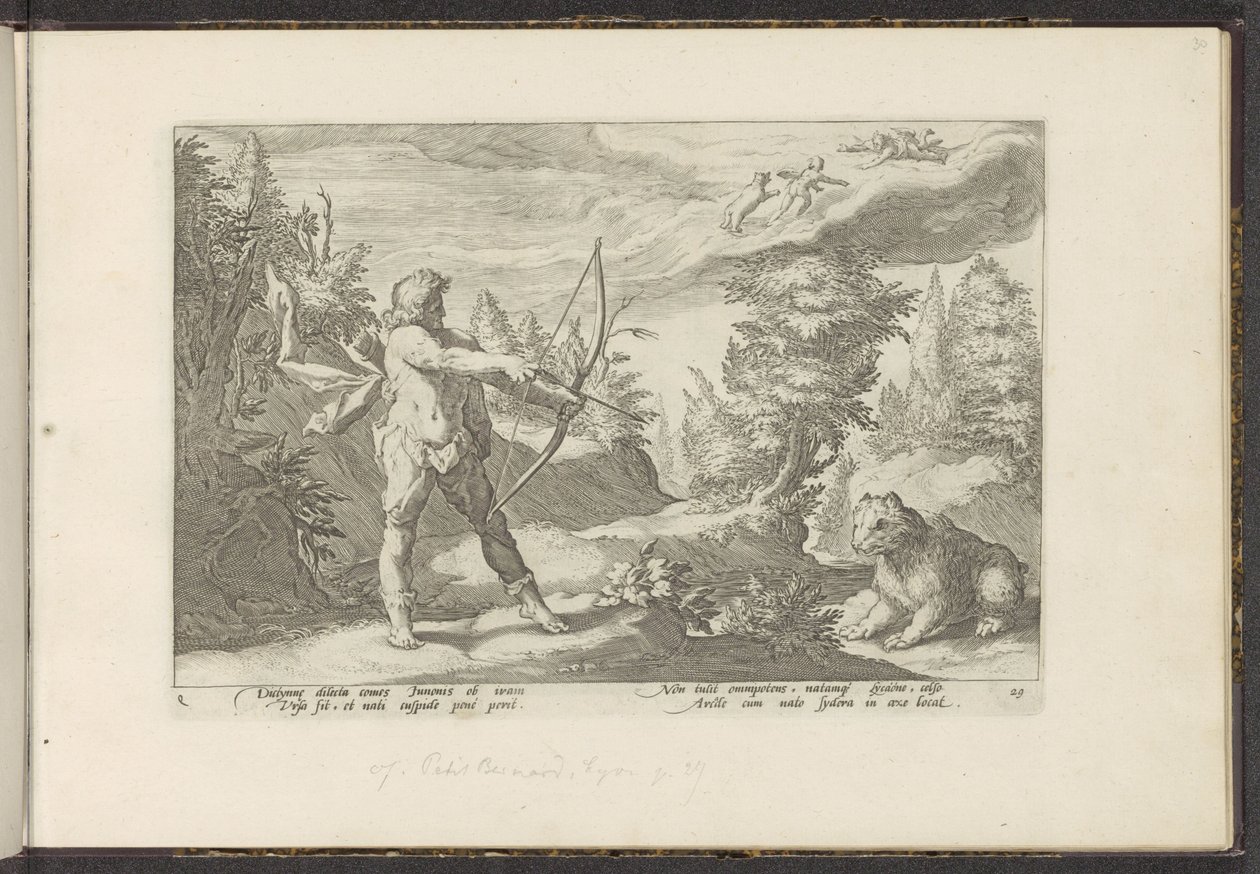 Arcas riktar sin pil mot Callisto Ovidius metamorfoser (serietitel) Rekreationer av P. Ovidius Naso (serietitel) av Hendrick Goltzius (workshop of)