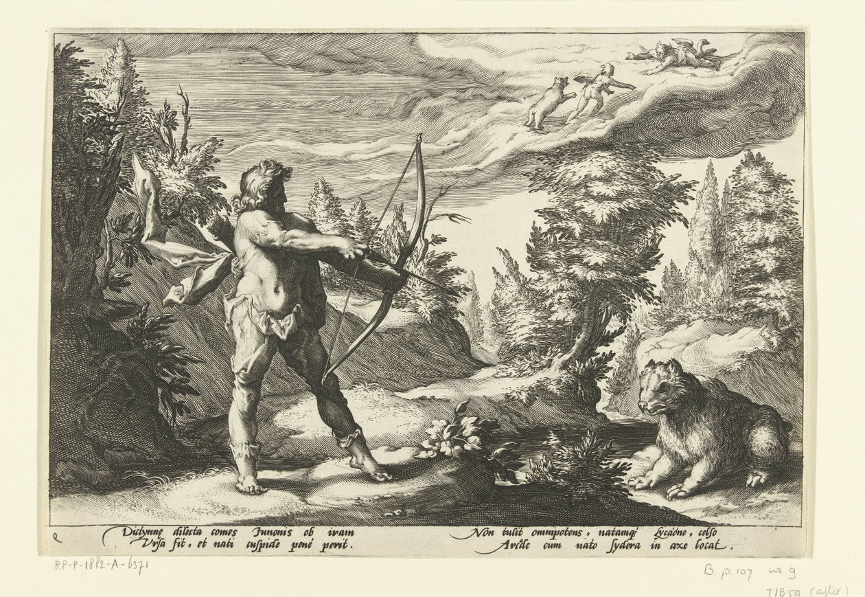 Arcas riktar sin pil mot Callisto Ovidius metamorfoser (serietitel) av Hendrick Goltzius (workshop of)