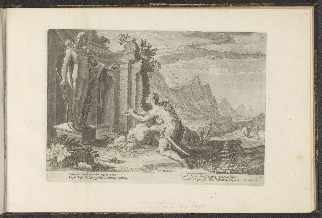 Cadmus frågar oraklet i Delphi vad han ska göra nu när han inte har kunnat hitta sin syster Europa Ovidius metamorfoser (serietitel) Rekreationer av P. Ovidius Naso (serietitel) av Hendrick Goltzius (workshop of)