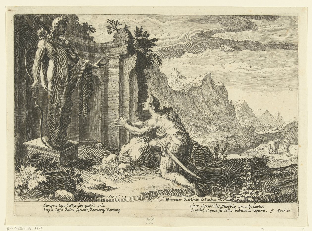 Cadmus frågar oraklet i Delphi vad han ska göra nu när han inte har kunnat hitta sin syster Europa Ovidius metamorfoser (serietitel) av Hendrick Goltzius (workshop of)